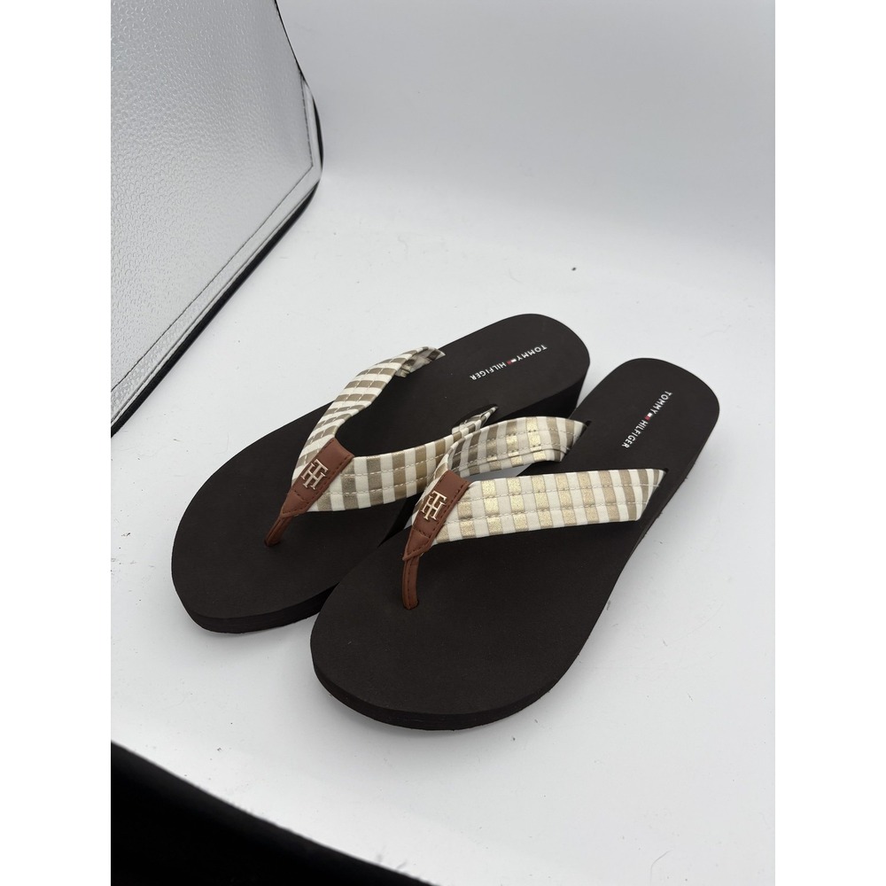 Tommy Hilfiger Shoes Womens Size 9 Brown Check Flip Flop Wedge Sandals Comfort